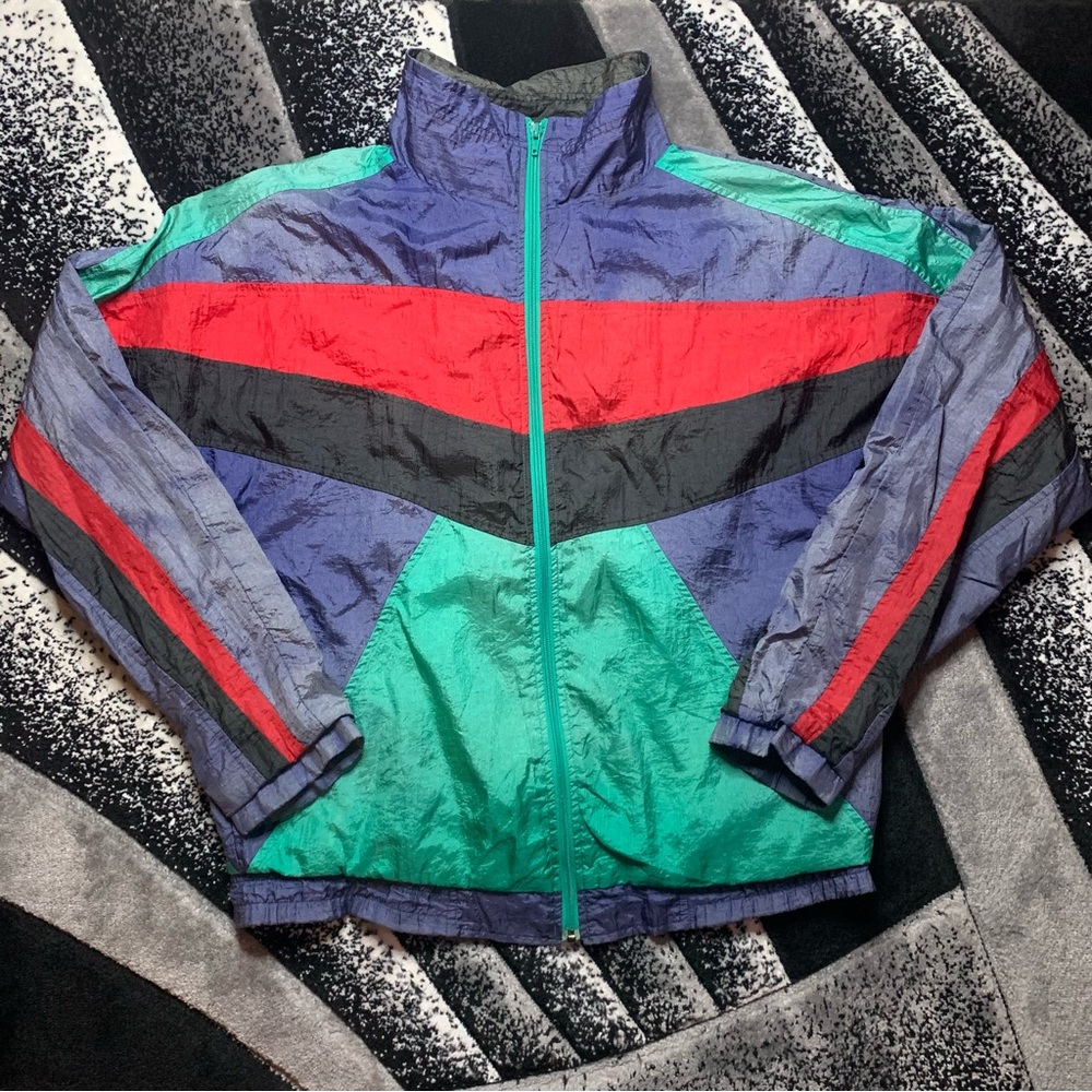 Vintage 90s Blazer Geometric Red, Blue, Green, Black Full Zip Nylon Jacket